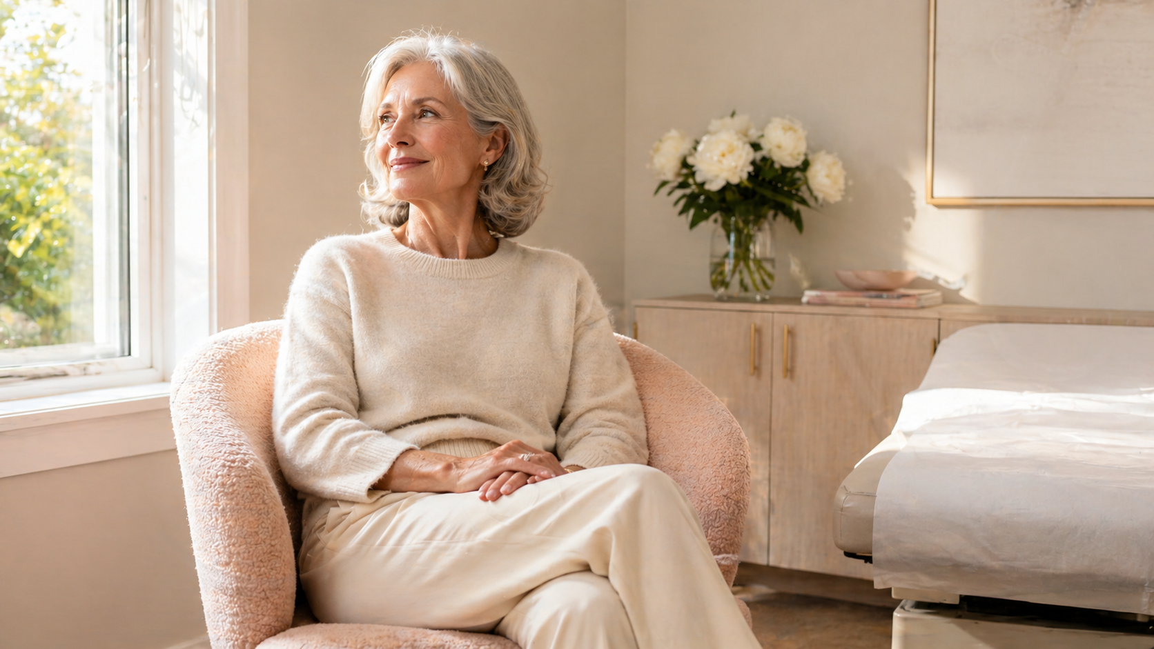 Patient seated in a calm consultation room at the Hush Beauty MD medical clinic