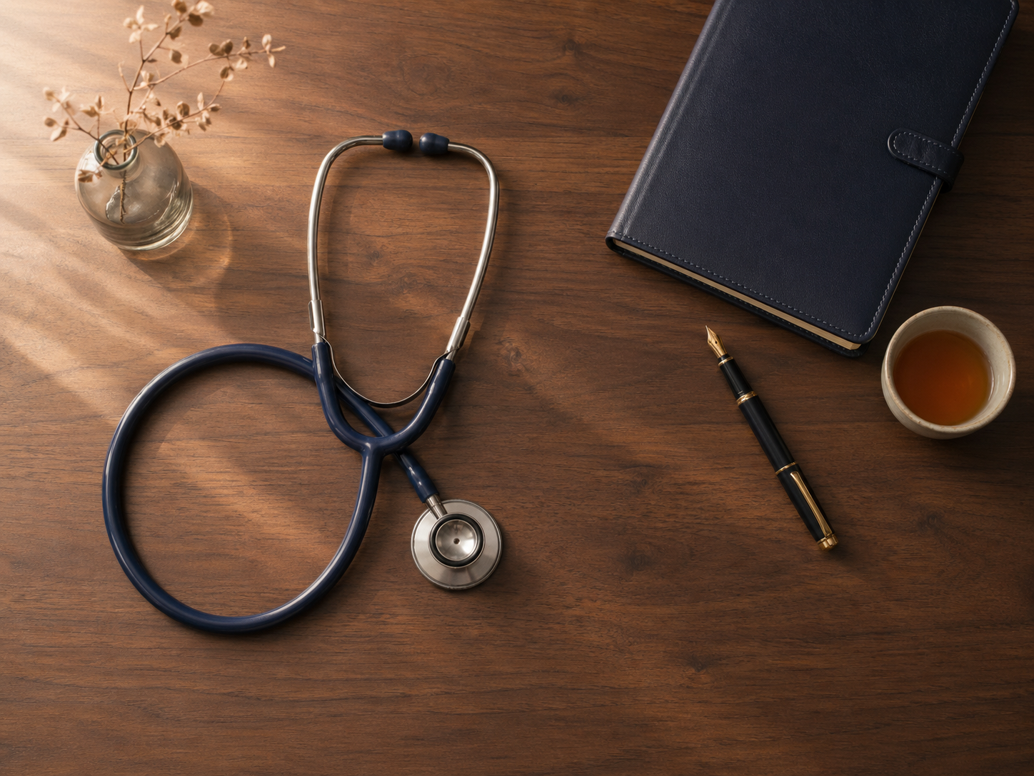 Stethoscope and notebook on a walnut desk